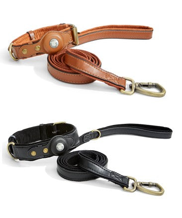Orchard black and brown airtag collar and leash set with custom air tag holder. Strong antique brass buckles and clasps. Reinforced backing on the leash.