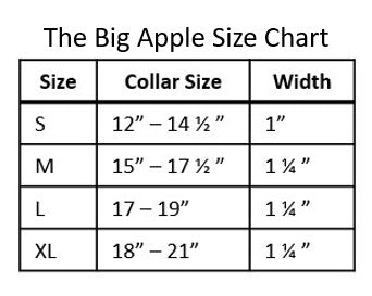 AirTag collar for dogs size chart with measurements for length and collar width.  