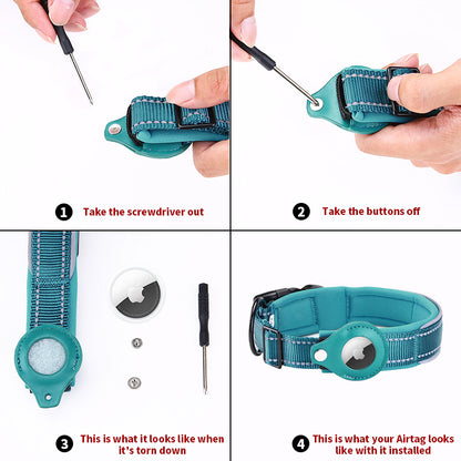 Installation instructions for the AirTag in the big apple dog collar.