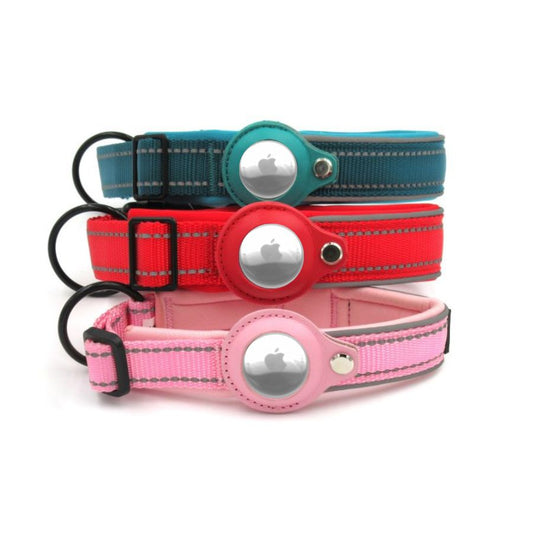 AirTag Collar for Dog in blue, red and pink.  Leather custom size air tag holder.