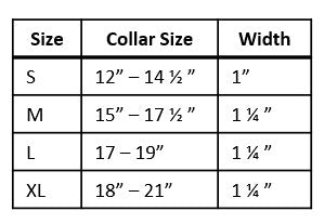 The Big Apple airtag collar size chart. Small to XLarge sizes available.  Great collar for small dogs and large dogs.