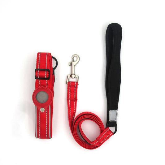 Red Nylon AirTag Collar and Leash with custom aritag holder in leather, reflective stitching and details.