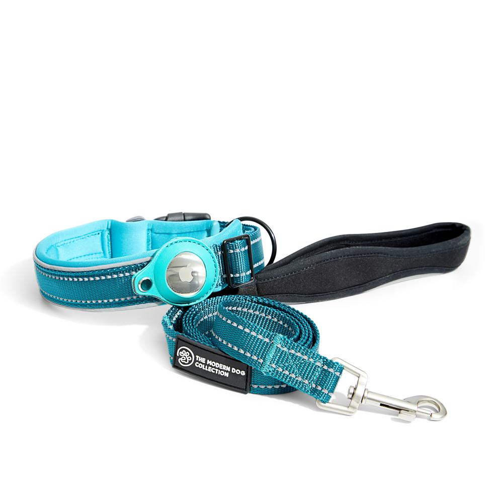 Big Apple collar and leash set in premium blue nylon with a luxurious sheen.  Reflective stitching and custom AirTag holder.