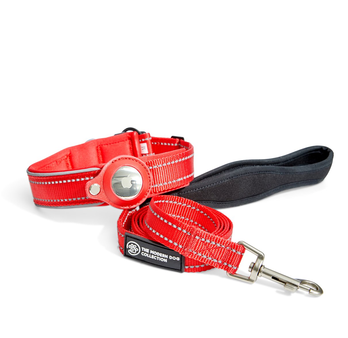 Big Apple collar and leash set in premium red nylon with a luxurious sheen.  Reflective stitching and custom AirTag holder.