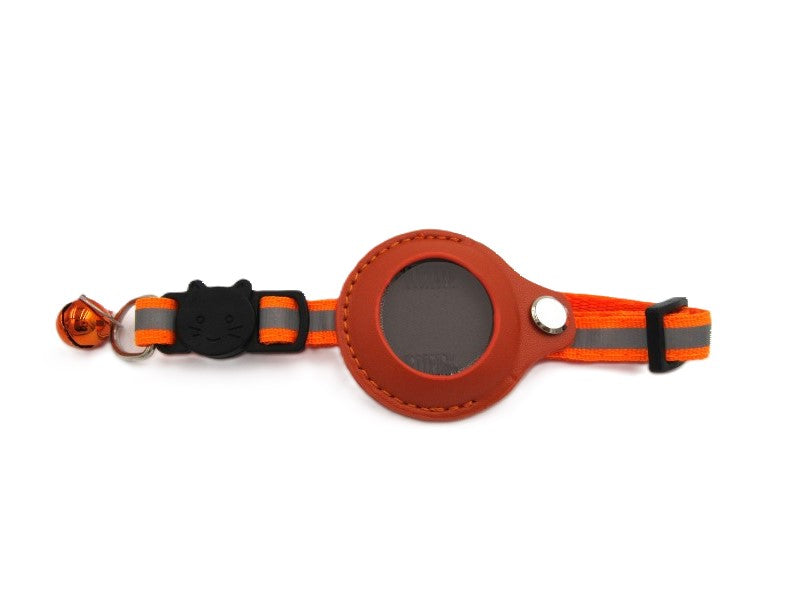 Candy Apple Airtag collar for cats in orange.  Leather airtag holder with secure fastener.  Cute cat face on buckle.  Matching bell.