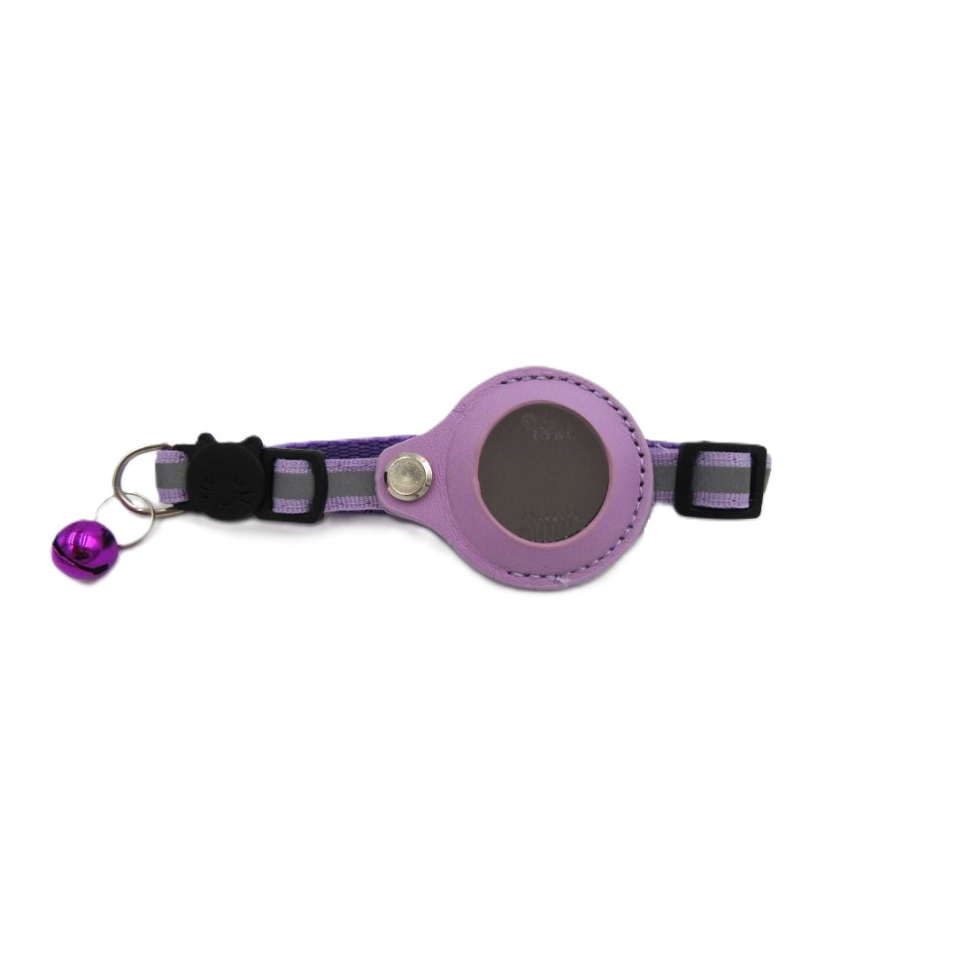 Candy Apple Airtag collar for cats in purple.  Leather airtag holder with secure fastener.  Cute cat face on buckle.  Matching bell.