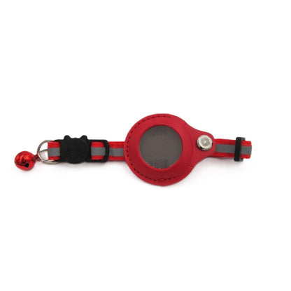Candy Apple Airtag collar for cats in red.  Leather airtag holder with secure fastener.  Cute cat face on buckle.  Matching bell.