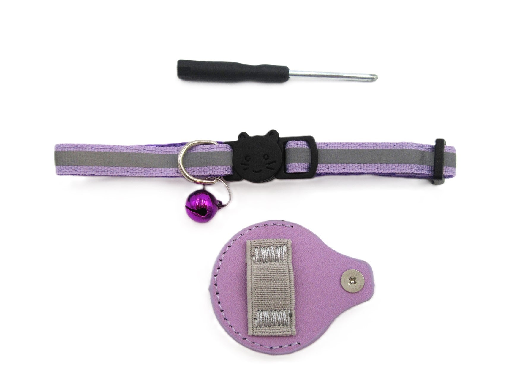 Candy Apple airtag cat collar with a removable airtag holder.  Leather airtag holder. Screwdriver included for secure fastener on airtag holder. 