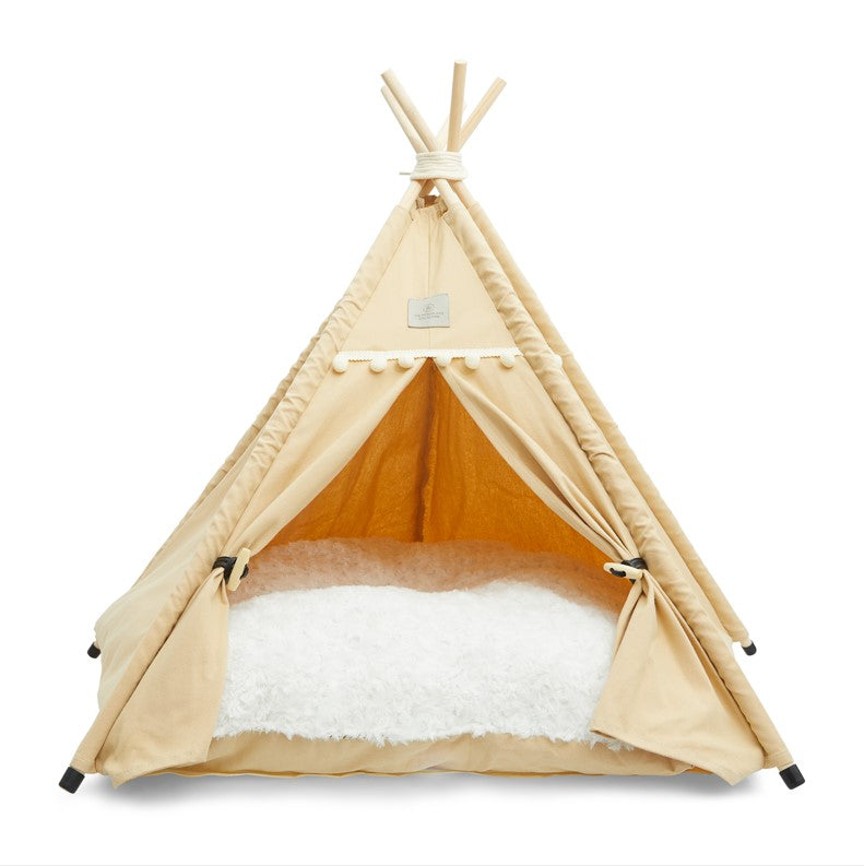 Denali teepee cat bed khaki with thick, soft cushion, floor protectors, wooden poles, and tieback curtains.