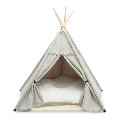 Denali teepee dog bed grey with thick, soft cushion, floor protectors, wooden poles, and tieback curtains.