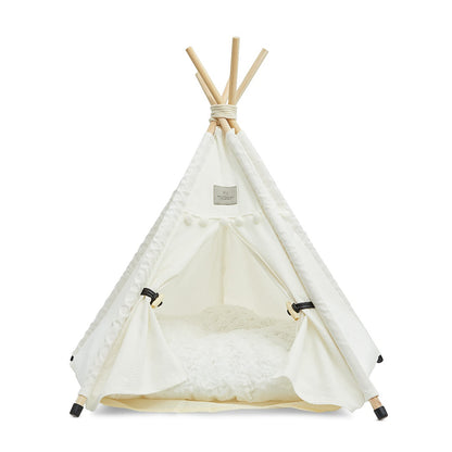 Denali teepee dog bed khaki with thick, soft cushion, floor protectors, wooden poles, and tieback curtains.