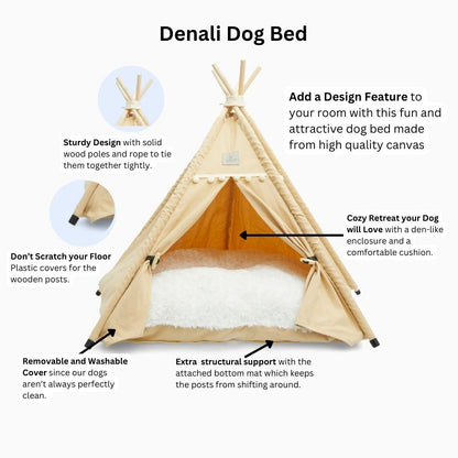 Denali dog bed benefits.  Add a design feature to your room.  Sturdy design.  Non-scratch floor.  Removable and washable cover.  Cozy retreat.  Attached floor mat.