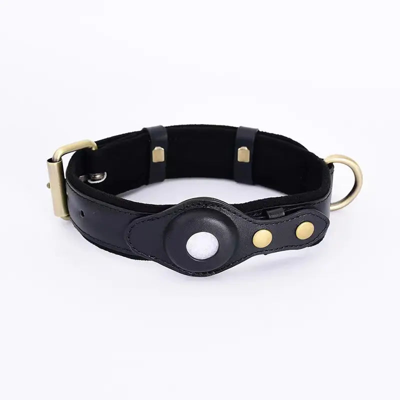 The Orchard AirTag collar in black leather. Antique brass fittings.  Soft lined inside of collar.