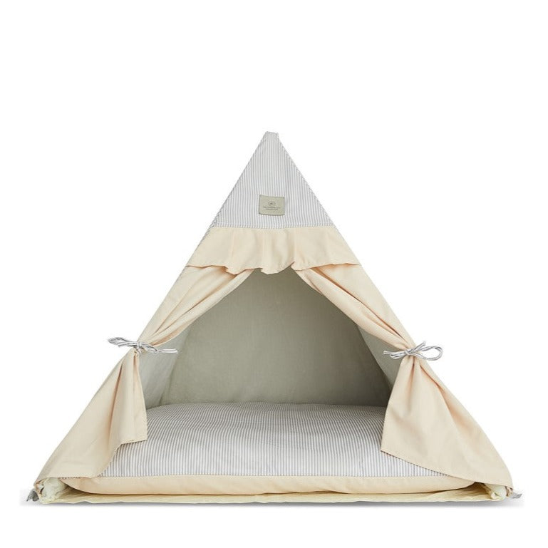Chatsworth Tent Cat Bed Beige and grey. Tie back curtains, cozy cushion, pleated ruffles.