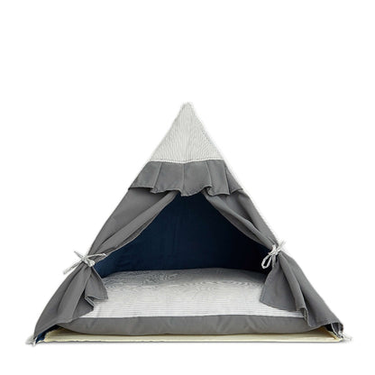 Chatsworth Tent Cat Bed grey. Tie back curtains, cozy cushion, pleated ruffles.