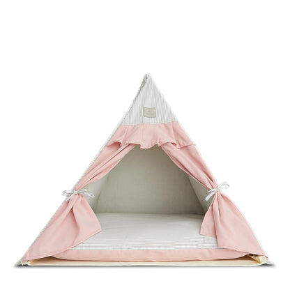Chatsworth Tent Cat Bed pink and grey. Tie back curtains, cozy cushion, pleated ruffles.