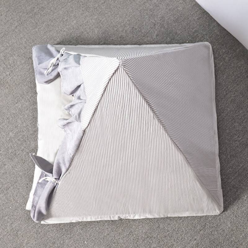 Luxury tent bed for cats top down view.  Solid structure with hard sides.  Ruffle details and curtains.