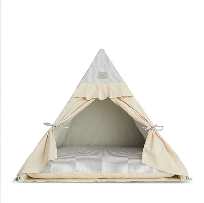 Chatsworth Tent Dog Bed beige and grey. Tie back curtains, cozy cushion, pleated ruffles.
