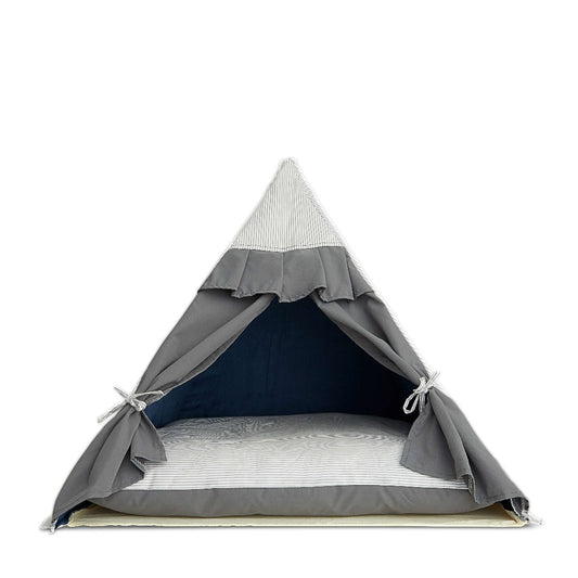 Chatsworth Tent Dog Bed grey. Tie back curtains, cozy cushion, pleated ruffles.