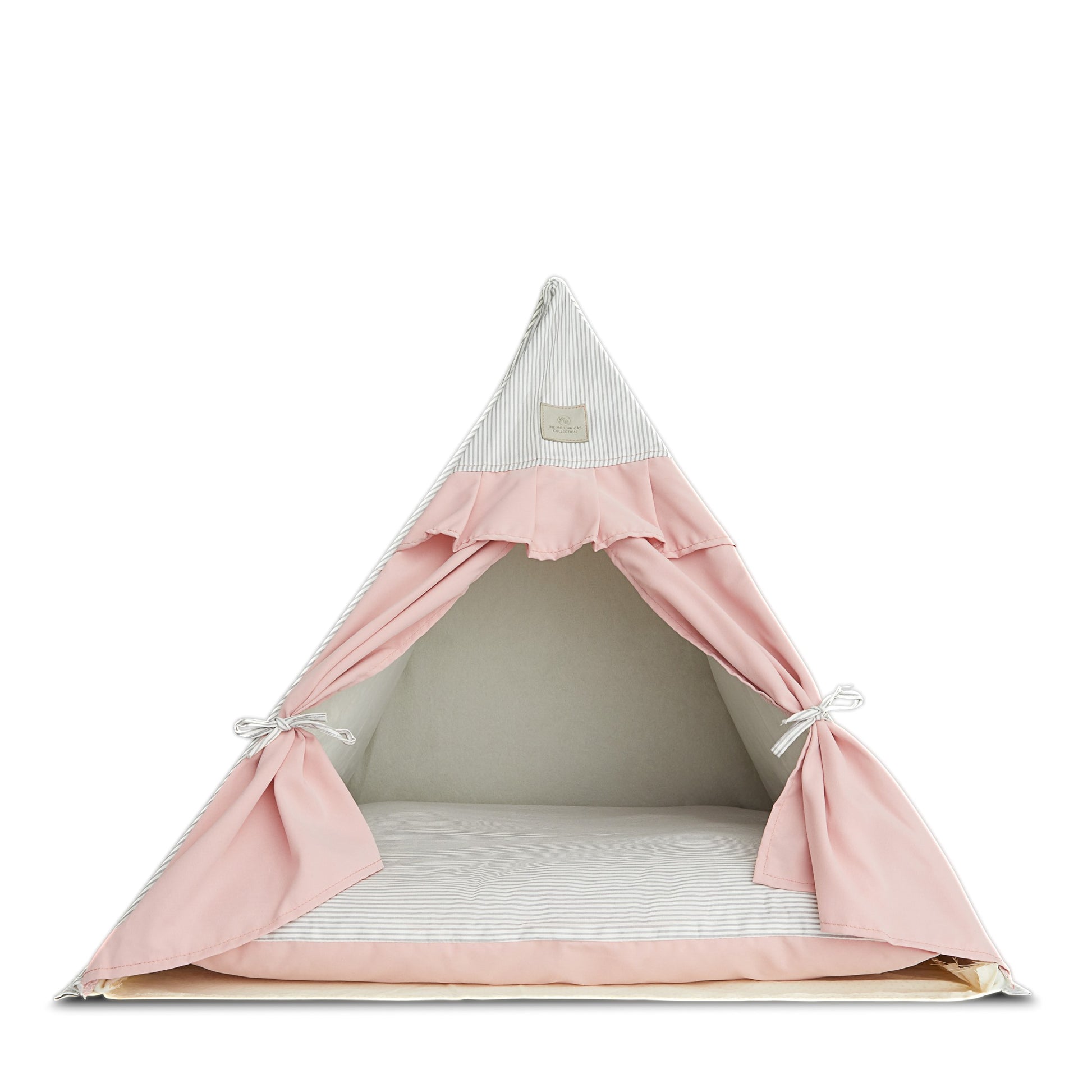 Chatsworth Tent Dog Bed pink and grey. Tie back curtains, cozy cushion, pleated ruffles.