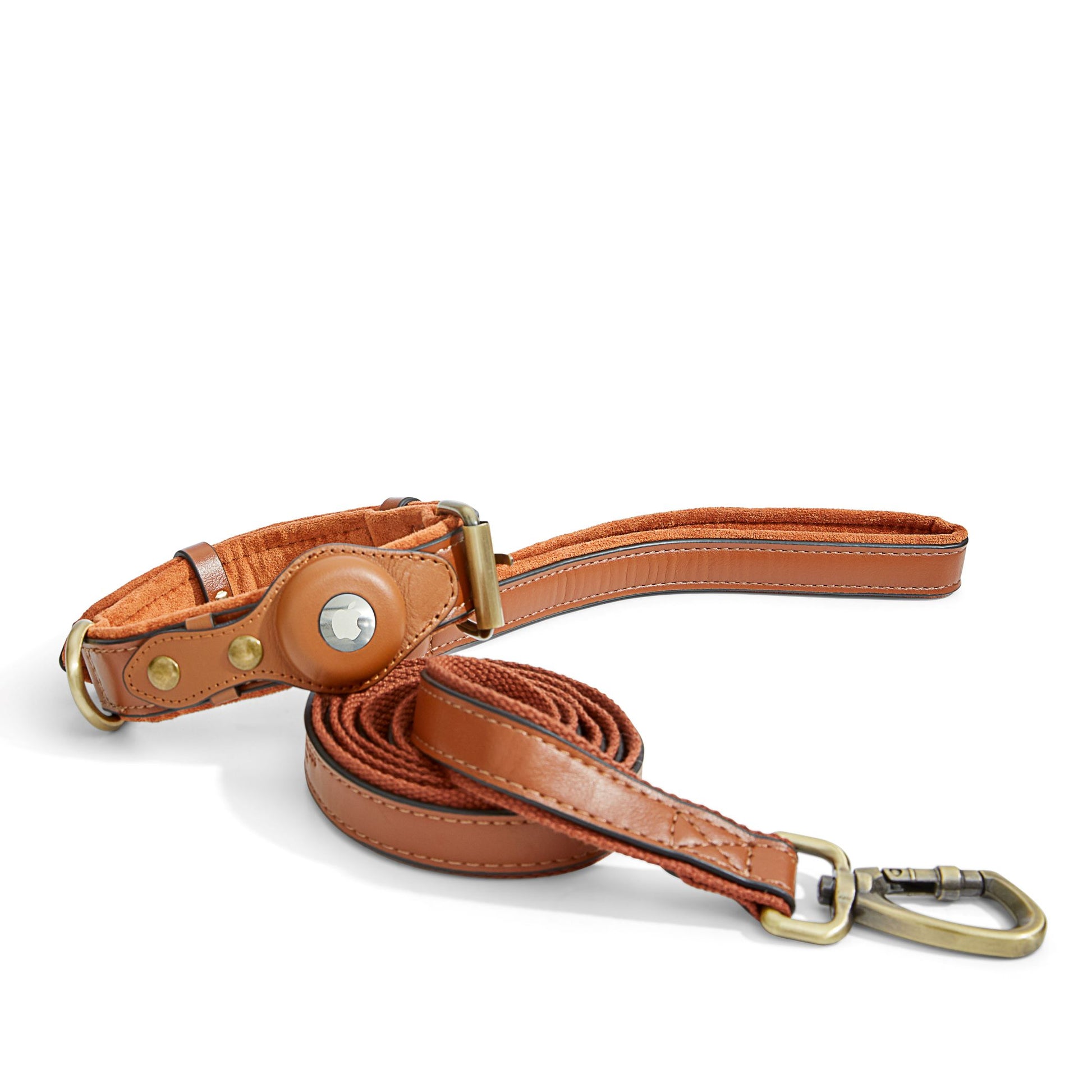 Orchard browm airtag collar and leash set with custom air tag holder. Strong antique brass buckles and clasps.  Reinforced backing on the leash.