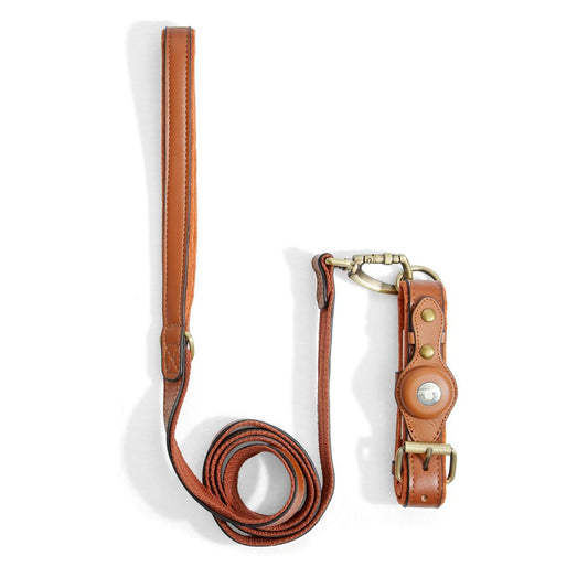 The Orchard AirTag collar and leash set in brown leather with antique brass buckles and fittings.