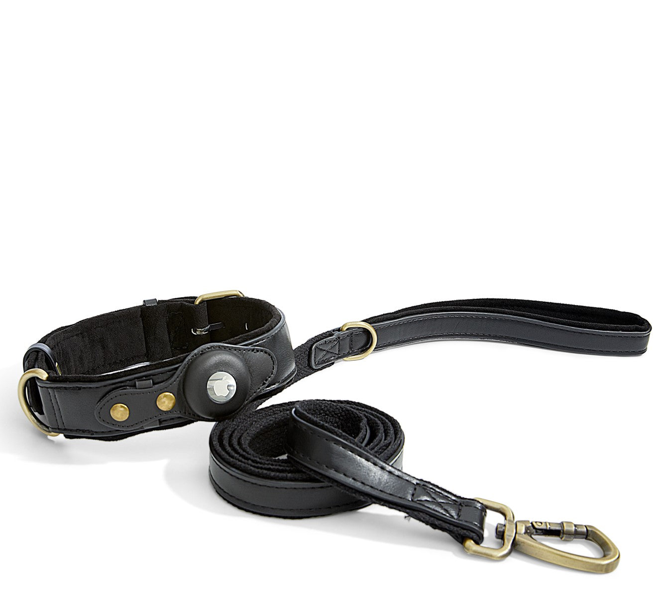 Orchard black airtag collar and leash set with custom air tag holder. Strong antique brass buckles and clasps.  Reinforced backing on the leash.
