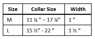 The Orchard leather AirTag dog collar size chart. Medium and Large sizes up to 22" long.