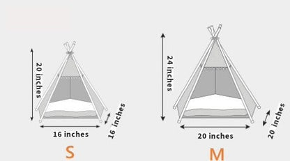 Teepee style cat bed (Denali) size chart with measurements. S and M sizes. 