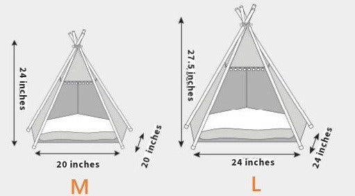 Teepee style dogt bed (Denali) size chart with measurements. S and M sizes. 