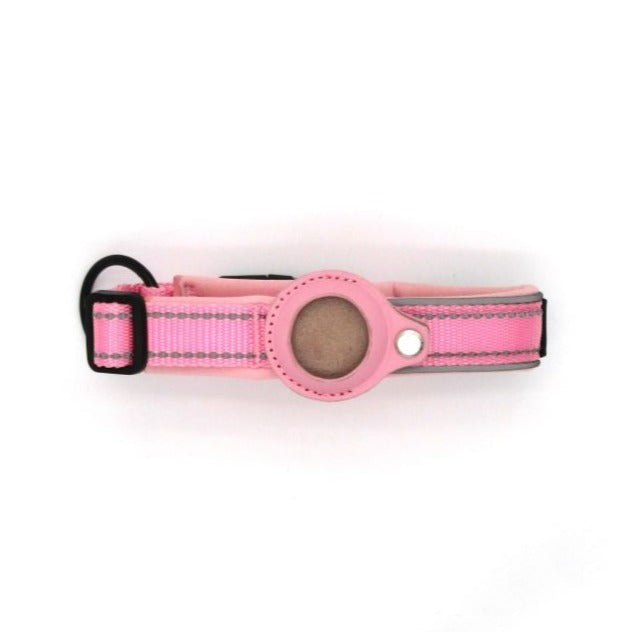 Pink AirTag Collar for Dogs with leather airtgag holder and reflective stitching.
