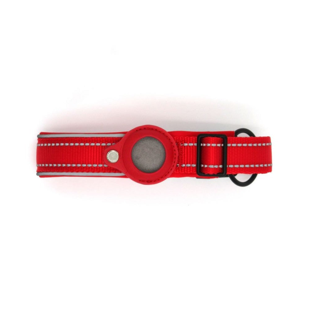 Red AirTag Collar for Dogs with leather airtgag holder and reflective stitching.