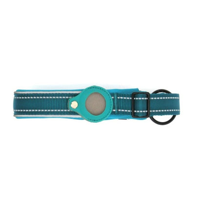 Blue AirTag Collar for Dogs with leather airtgag holder and reflective stitching.