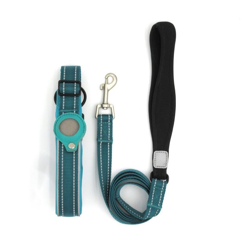 Blue Nylon AirTag Collar and Leash with custom aritag holder in leather, reflective stitching and details.