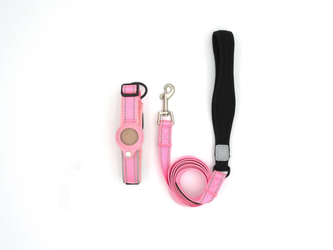 Pink Nylon AirTag Collar and Leash with custom aritag holder in leather, reflective stitching and details.